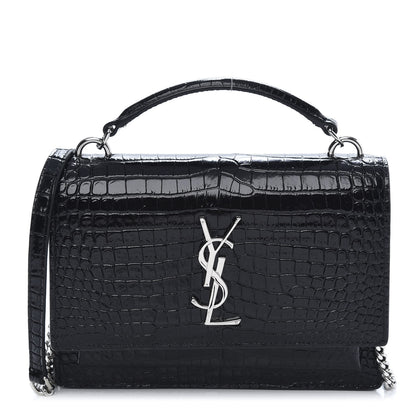Saint Laurent Calfskin Crocodile Embossed Monogram Sunset Top Handle Chain Wallet Black 1 of 12
