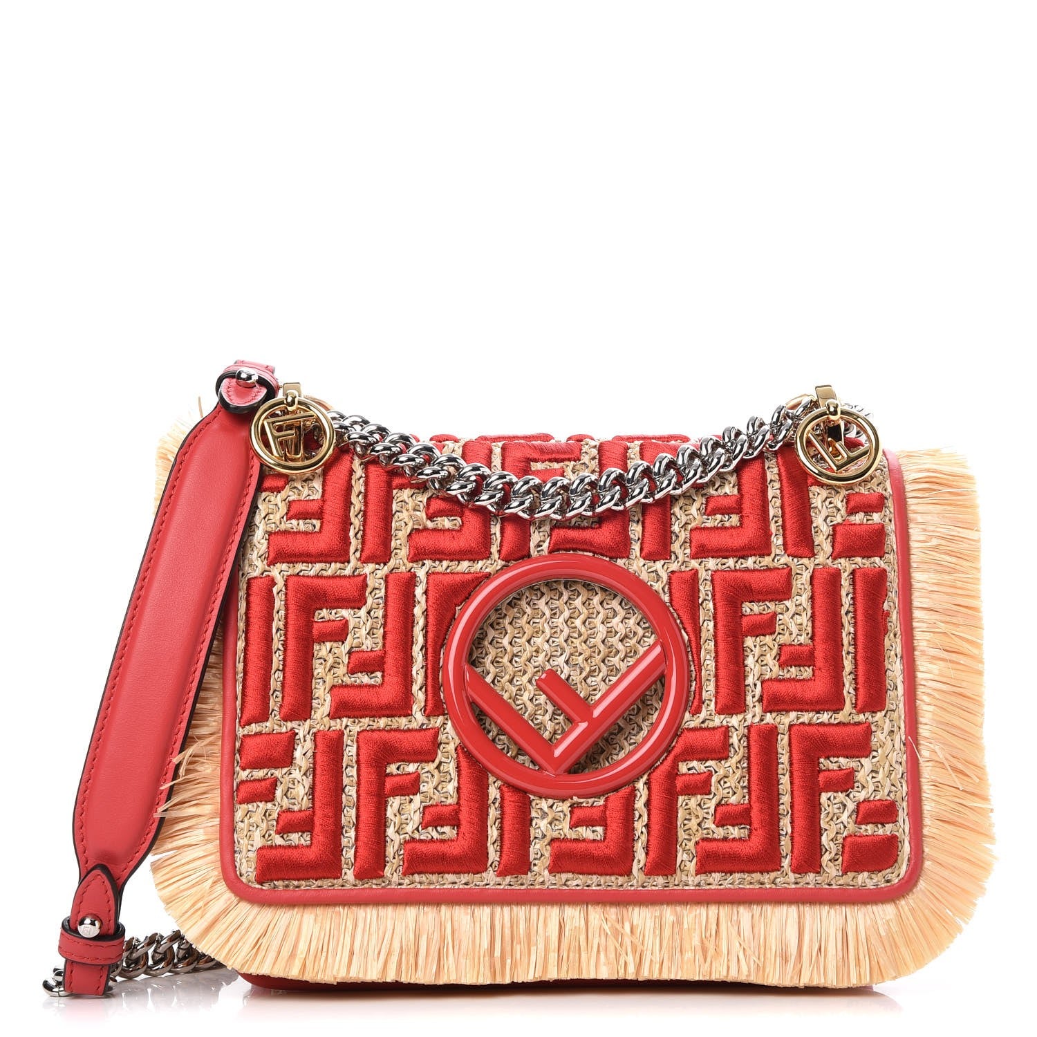 Fendi Raffia Vitello Century F is Fendi FF Embroidered Fringe Small Kan I Shoulder Bag Natural Fiamma 1 of 7