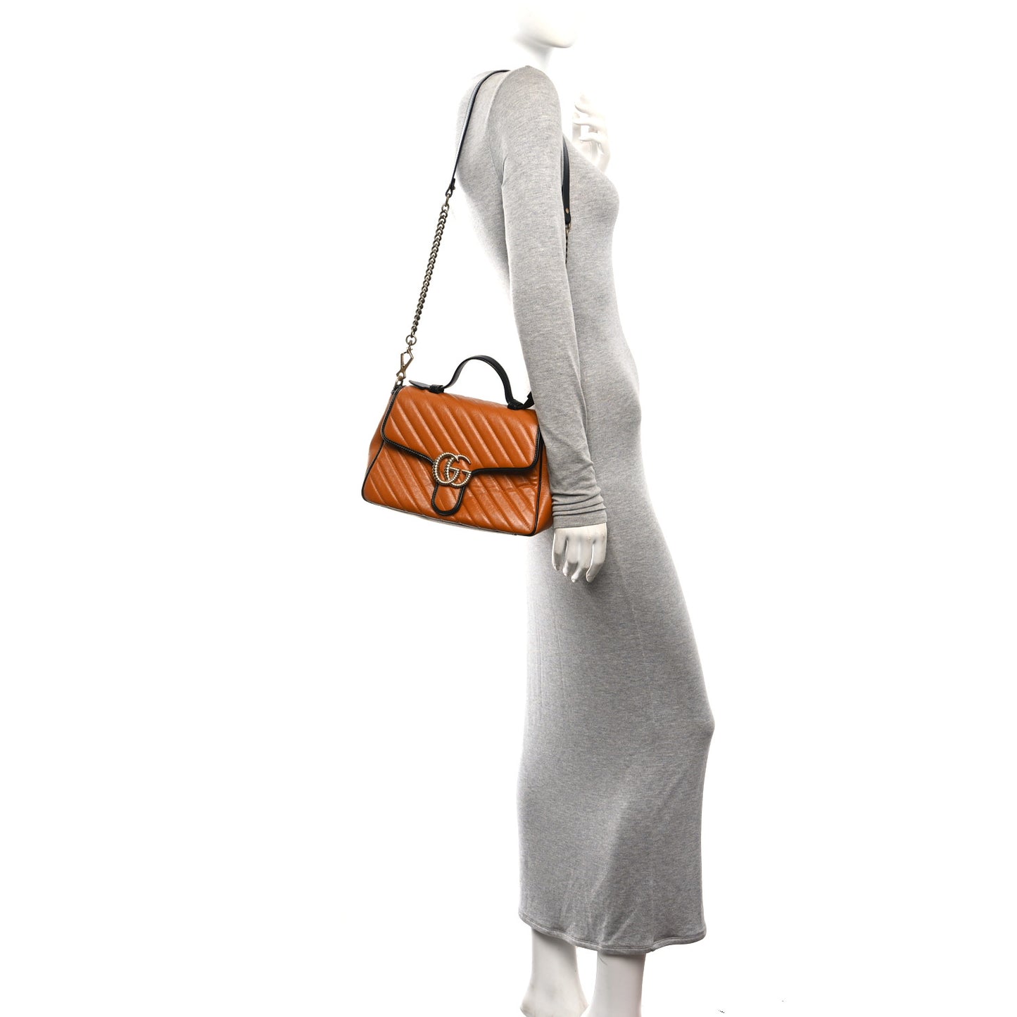 Azalea Calfskin Matelasse Diagonal Small Torchon GG Marmont Top Handle Shoulder Bag Cognac Black