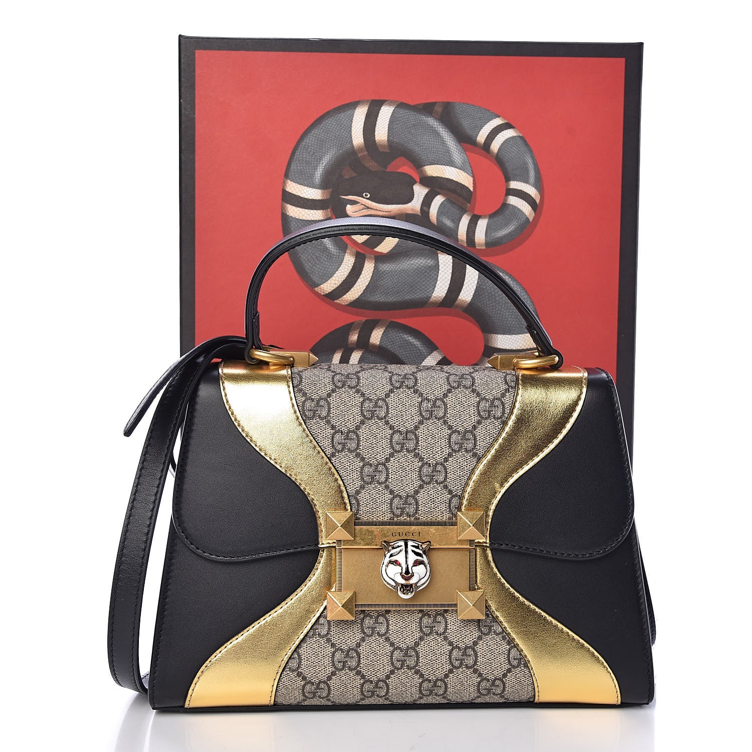 Gucci GG Supreme Monogram Small Osiride Top Handle Bag Black Gold 12 of 12
