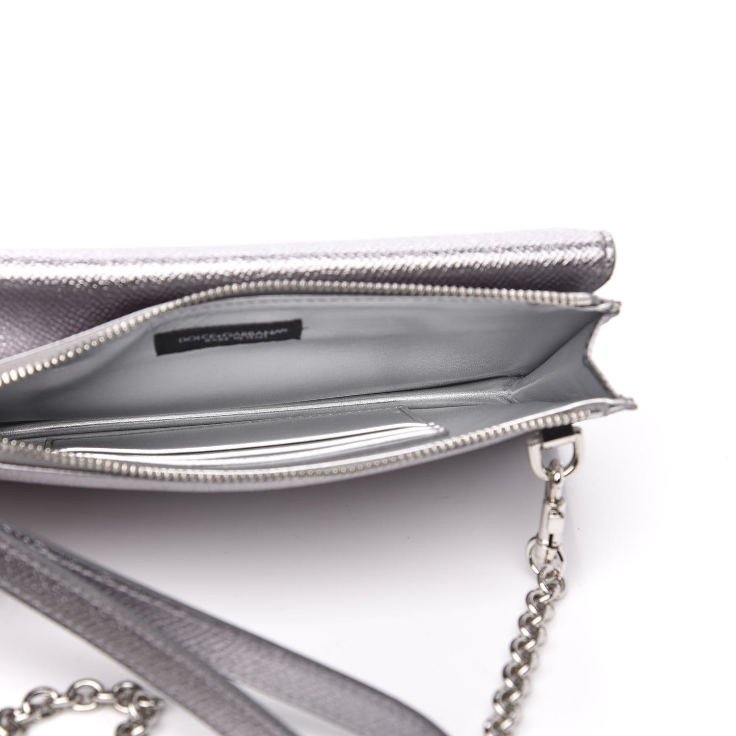 Metallic Dauphine Embellished Logo Chain Pouch Argento