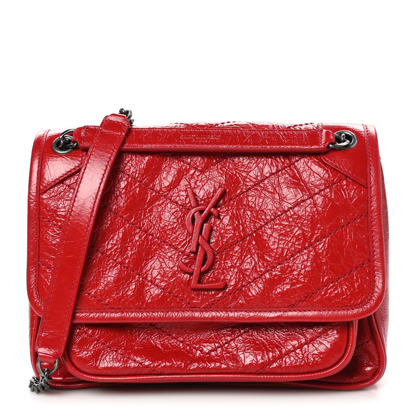 Crinkled Calfskin Matelasse Monogram Baby Niki Chain Satchel Rouge Eros