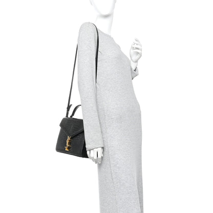 Saint Laurent Calfskin Crocodile Embossed Medium Classic Monogram Cassandra Top Handle Black 2 of 11