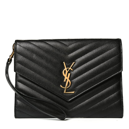 Saint Laurent Grain De Poudre Matelasse Chevron Monogram Envelope Clutch Black 1 of 4