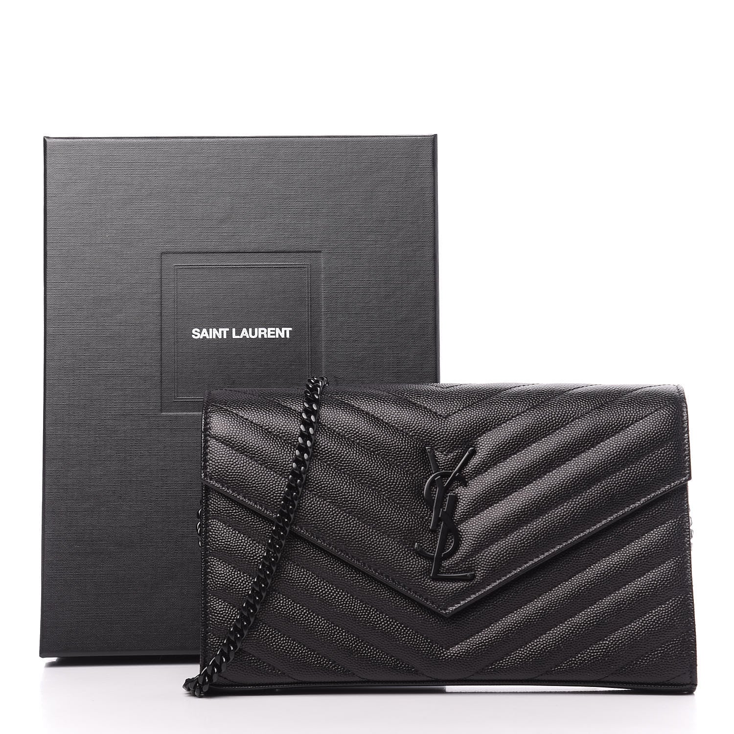 Saint Laurent Grain De Poudre Matelasse Chevron Monogram Chain Wallet Black 10 of 10