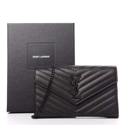 Saint Laurent Grain De Poudre Matelasse Chevron Monogram Chain Wallet Black 10 of 10