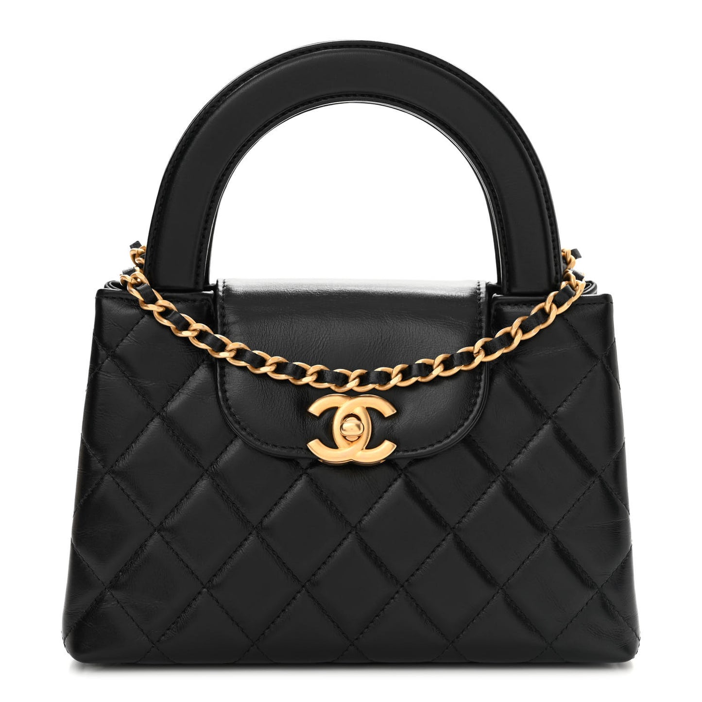 Shiny Aged Calfskin Quilted Nano Kelly Shopper Black