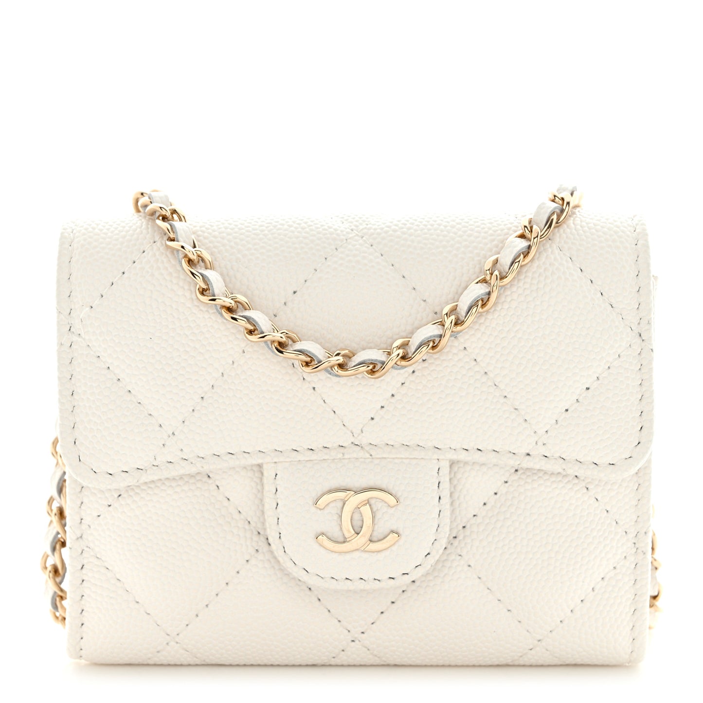 Caviar Quilted Flap Card Holder On Chain White