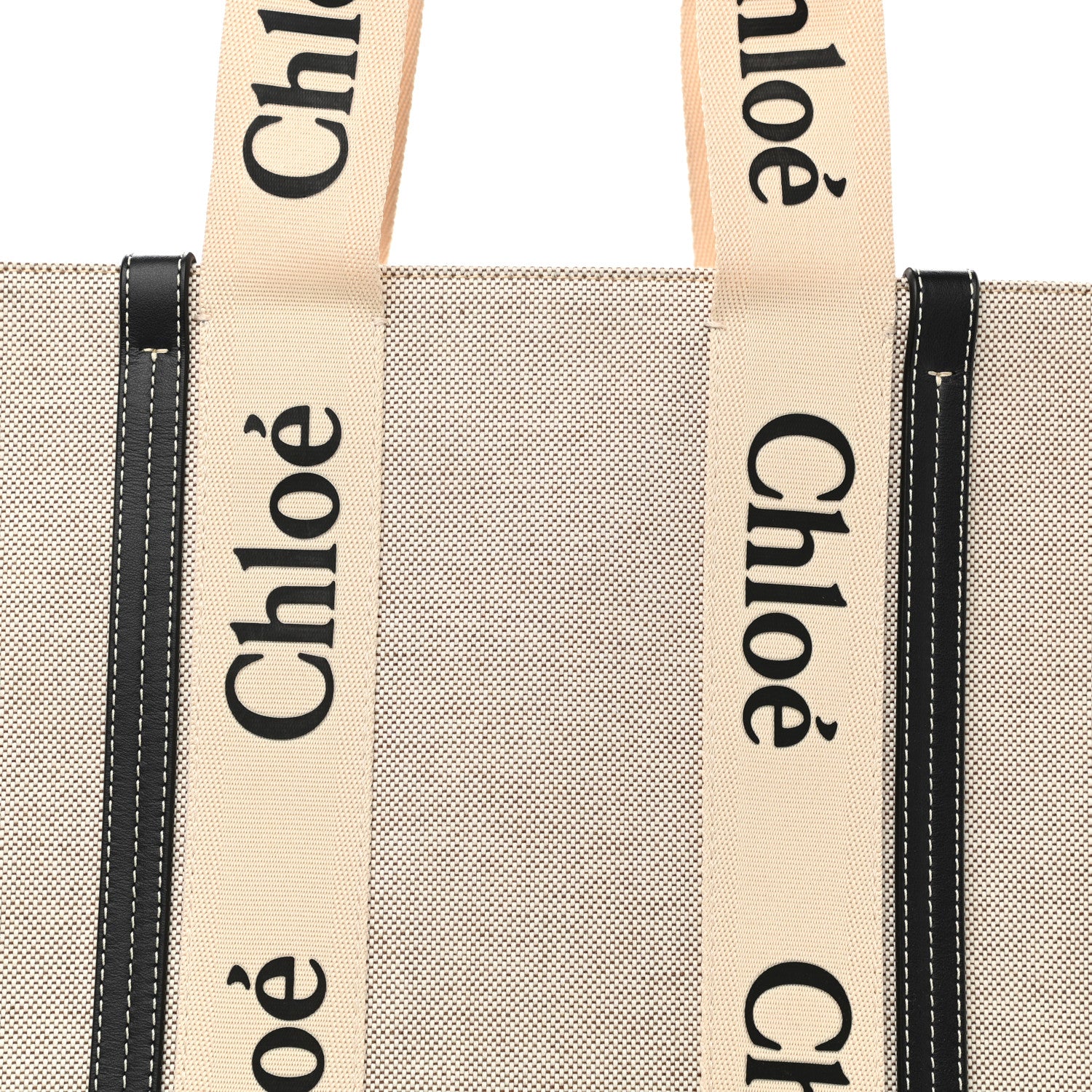 Chloe Cotton Calfskin Large Woody Ribbon Tote White Black 7 of 10