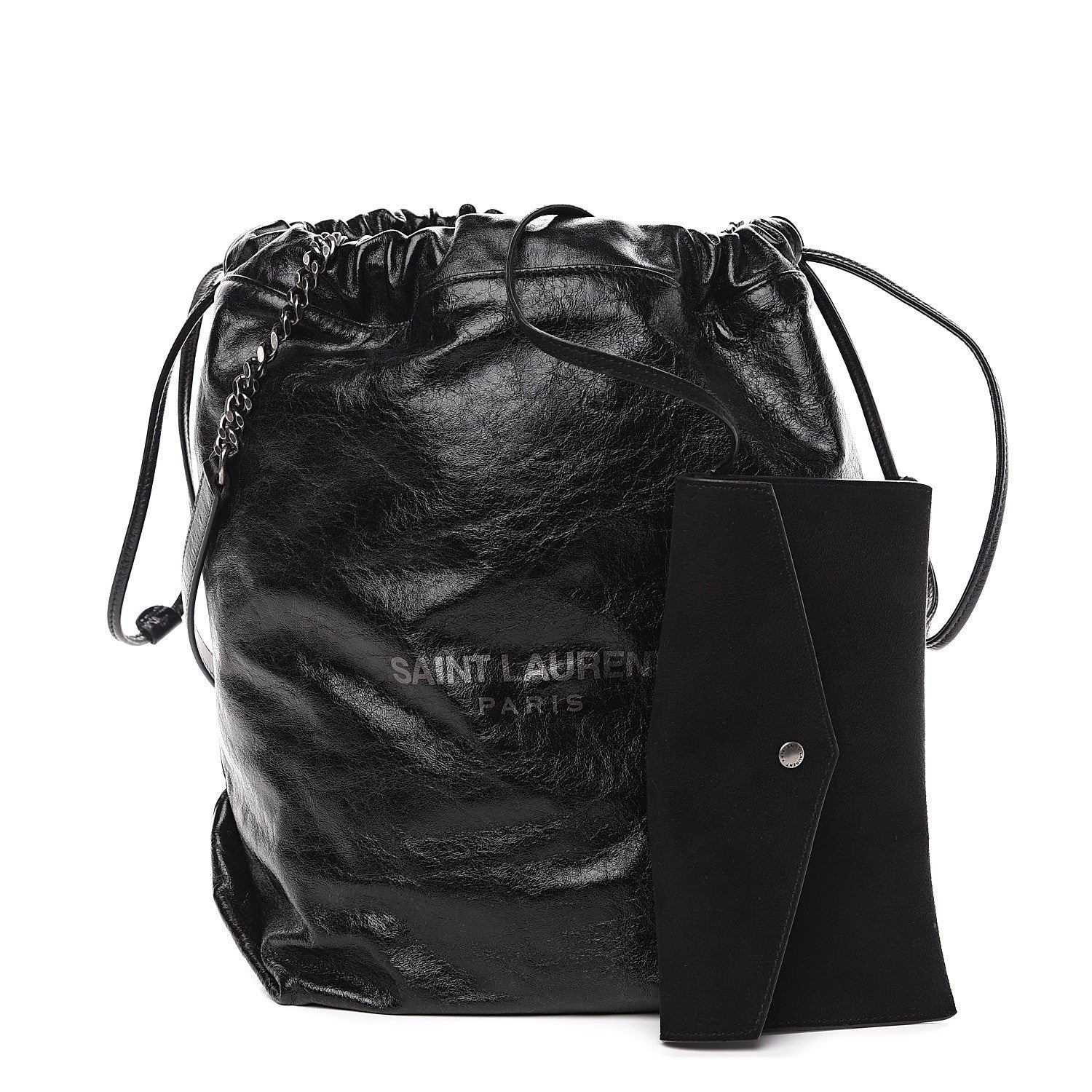 Saint Laurent Cracked Shiny Calfskin Teddy Drawstring Bag Black 1 of 8