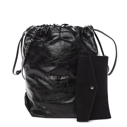Saint Laurent Cracked Shiny Calfskin Teddy Drawstring Bag Black 1 of 8