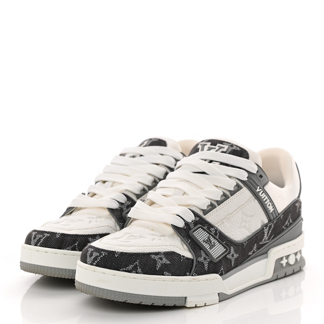 Louis Vuitton Calfskin Embossed Monogram Denim Mens LV Trainer Sneakers 5.5 Grey 3 of 14