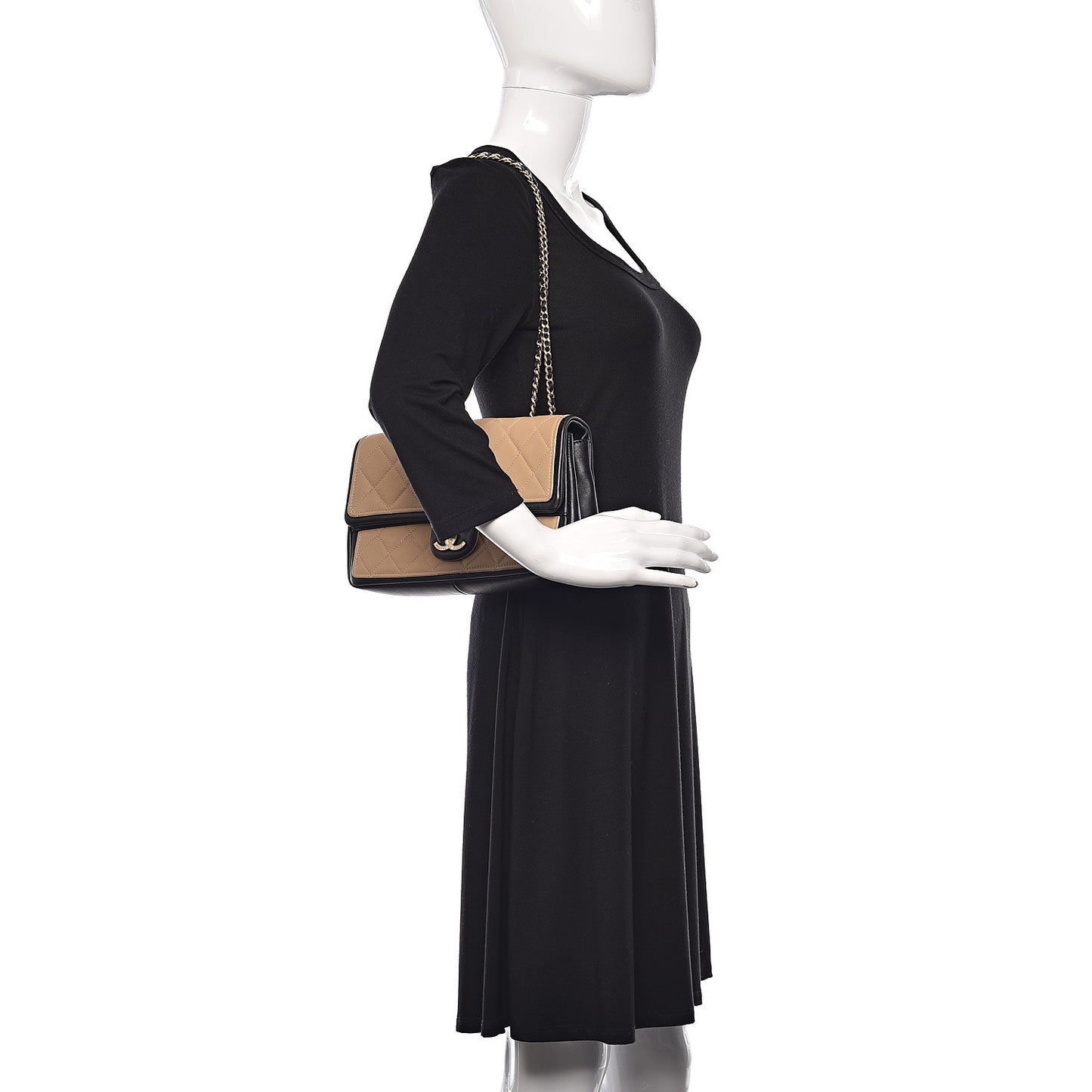 Calfskin Quilted Medium Graphic Flap Beige Black