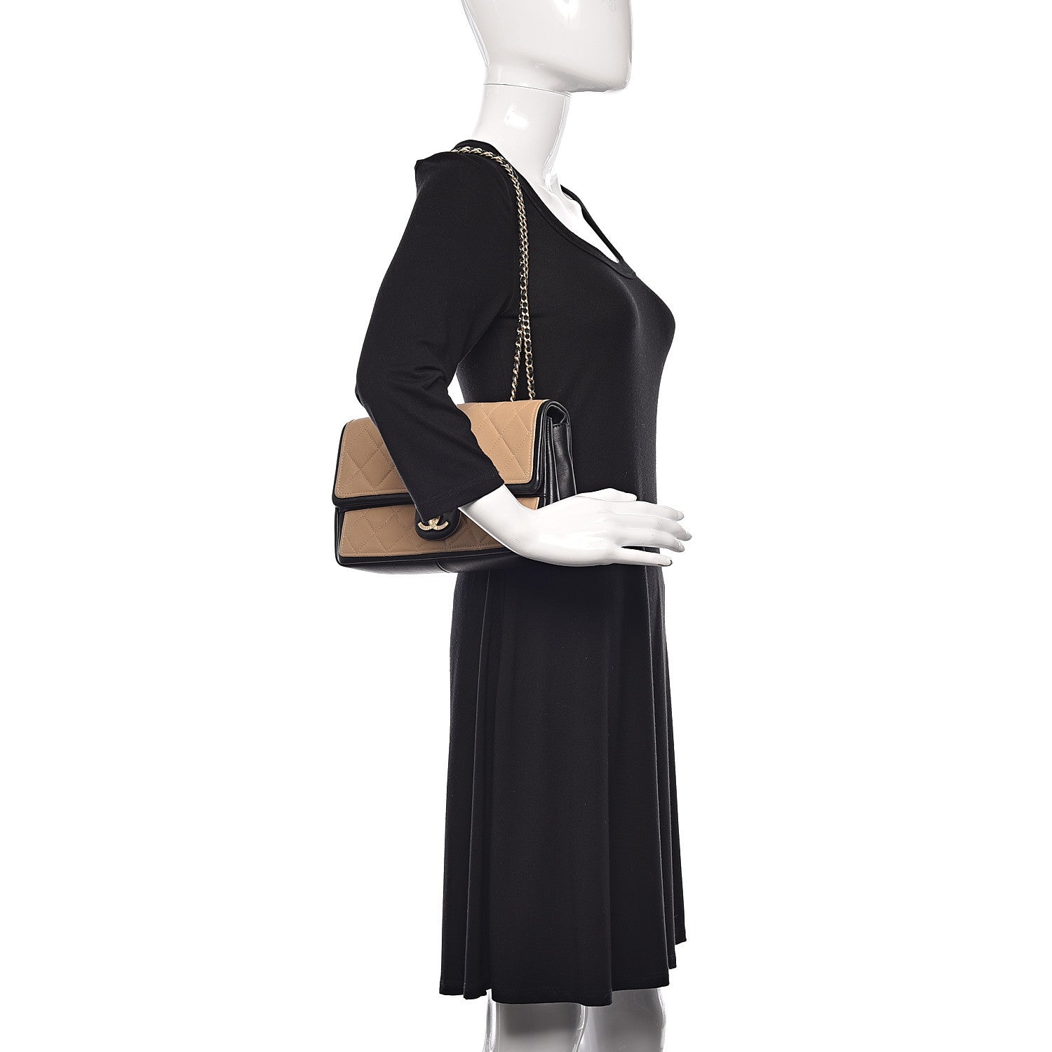 Chanel Calfskin Quilted Medium Graphic Flap Beige Black 2 of 10