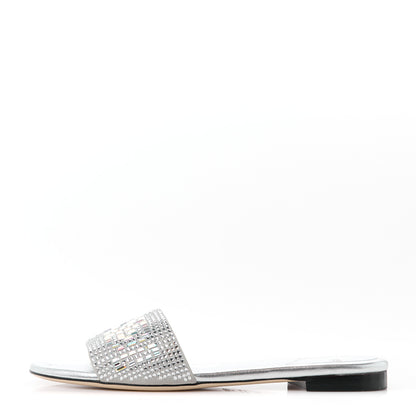 Fendi Laminated Goatskin Baguette Crystal Embroidered Signature Flat Slide Sandals 39 Silver 1 of 8