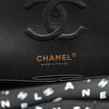 Chanel Lambskin Quilted Logo CC Printed Small Double Flap Black White 7 of 11