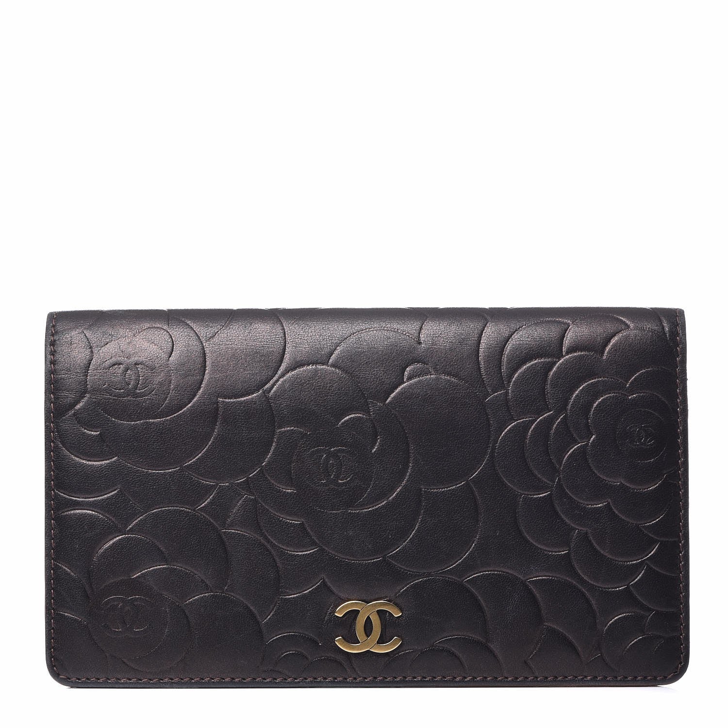 Chanel Metallic Lambskin Camellia Embossed Yen Wallet Brown 1 of 12