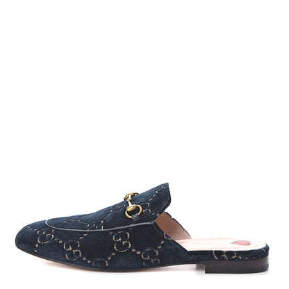 Gucci Velvet GG Monogram Womens Princetown Slippers 41 Blue Beige 1 of 7