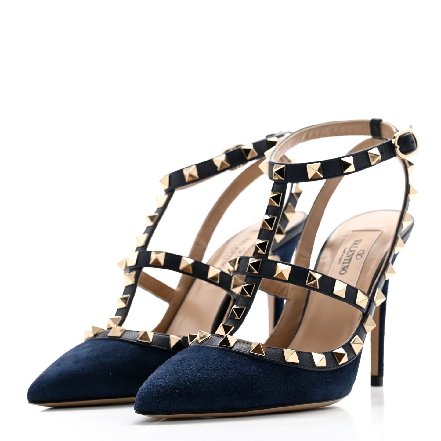 Suede Nappa Rockstud Ankle Strap 100mm Pumps 35 Marine