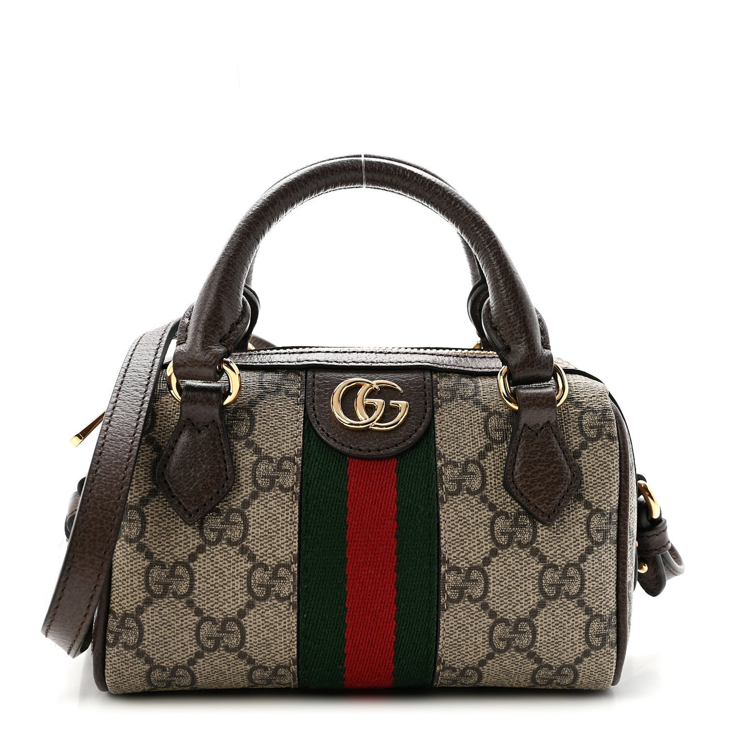 GG Supreme Monogram Textured Dollar Calfskin Web Super Mini Ophidia Top Handle Bowler Bag Beige Ebony New Acero