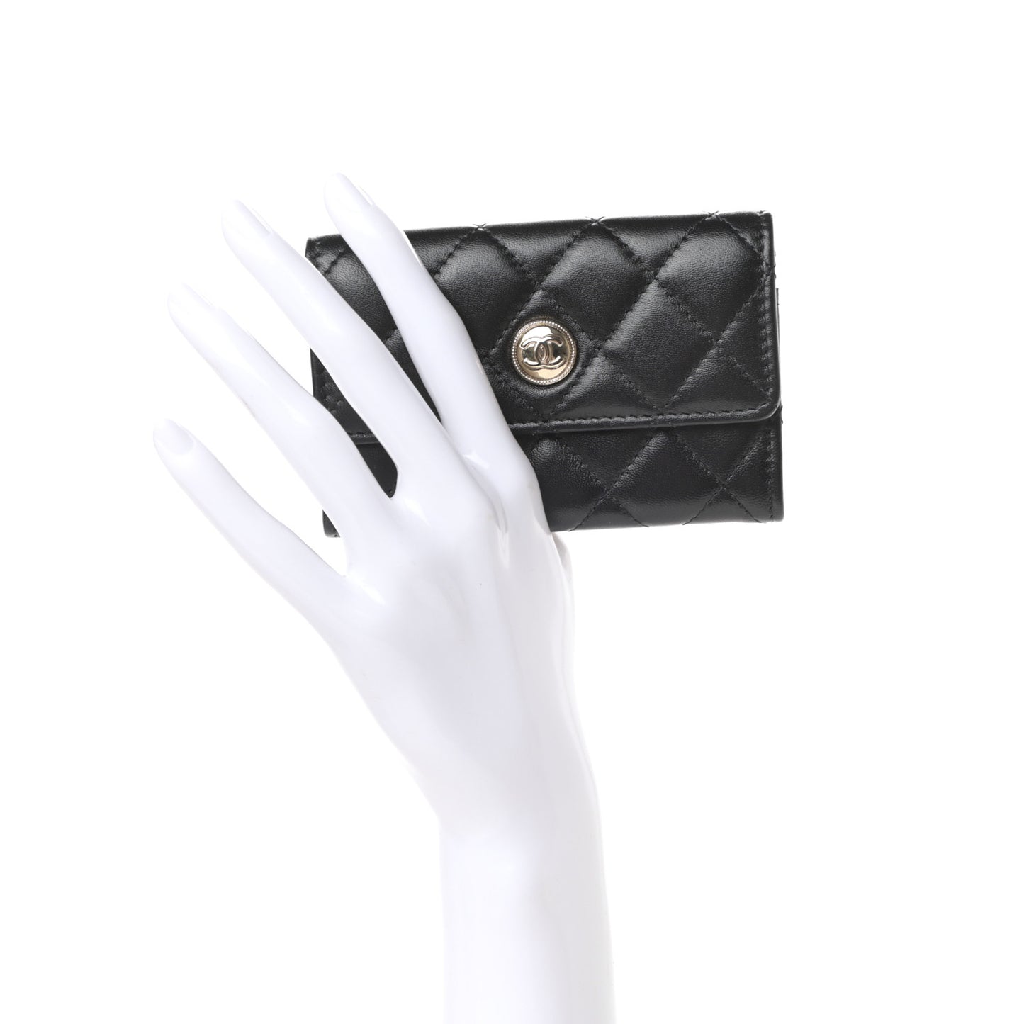 Lambskin Quilted CC Button Flap Card Holder Black