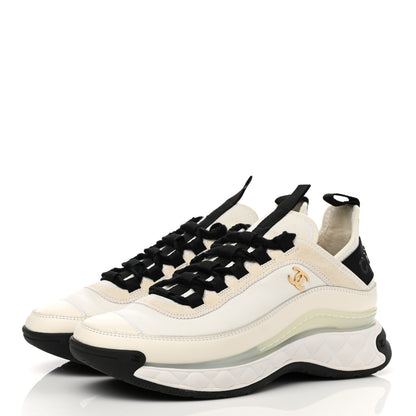 Chanel Velvet Calfskin Mixed Fibers CC Sneakers 37.5 Ivory Black 1 of 9