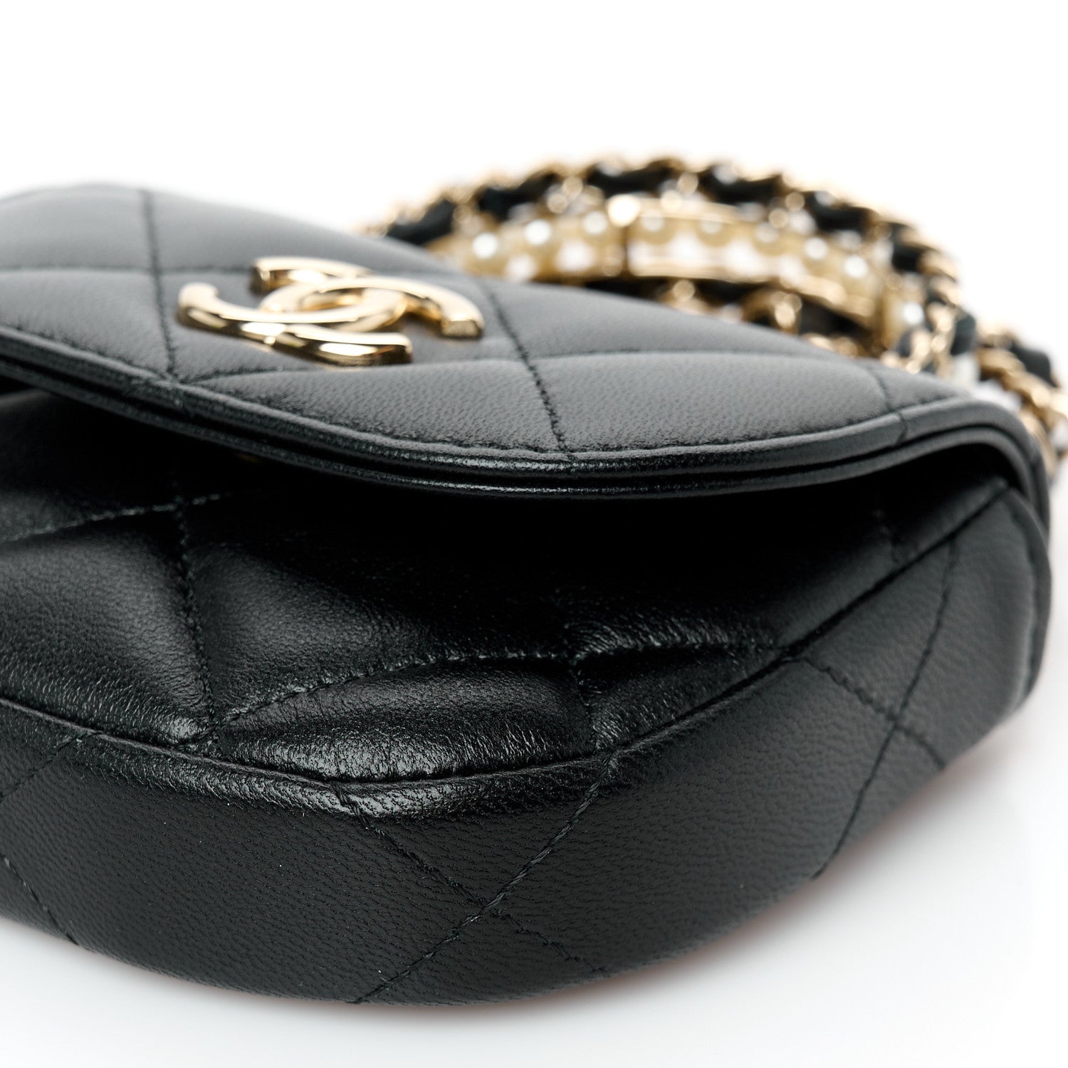 Chanel Lambskin Quilted Pearl Top Handle Clutch With Chain Black 12 of 12