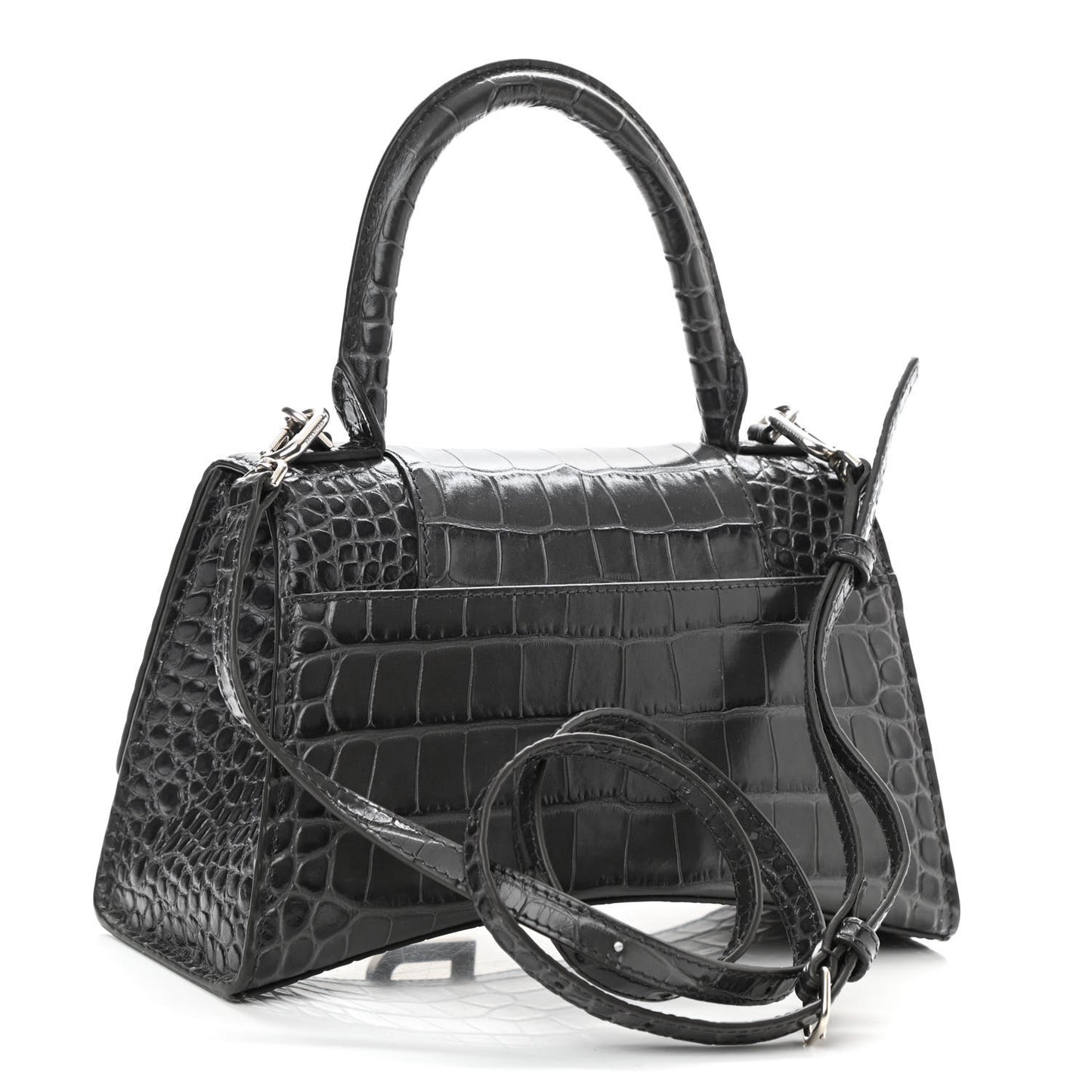 Shiny Calfskin Crocodile Embossed Small Hourglass Top Handle Bag Dark Grey
