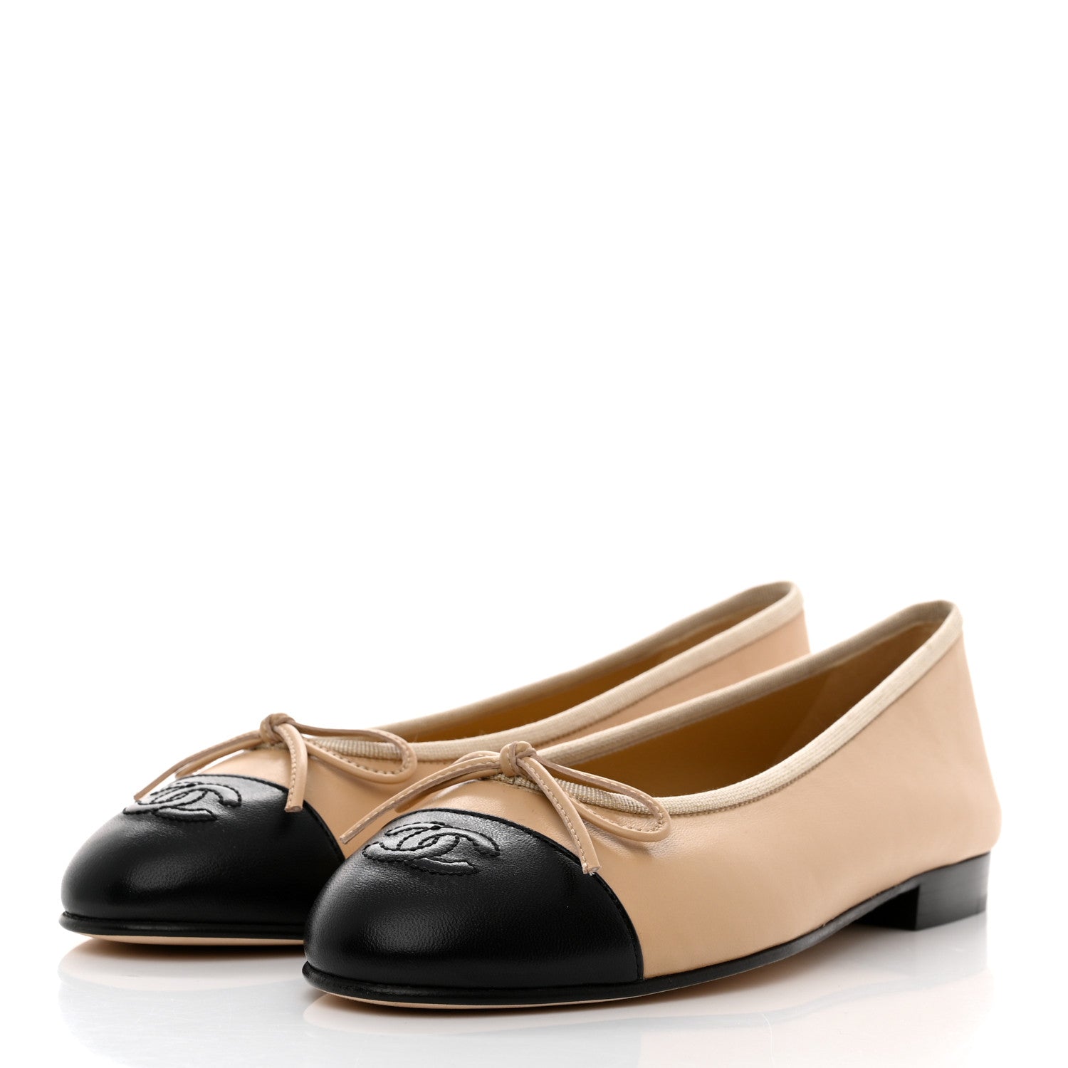 Chanel Lambskin Cap Toe CC Ballerina Flats 37.5 Beige Black 3 of 9