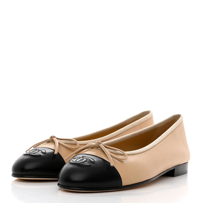 Chanel Lambskin Cap Toe CC Ballerina Flats 37.5 Beige Black 3 of 9