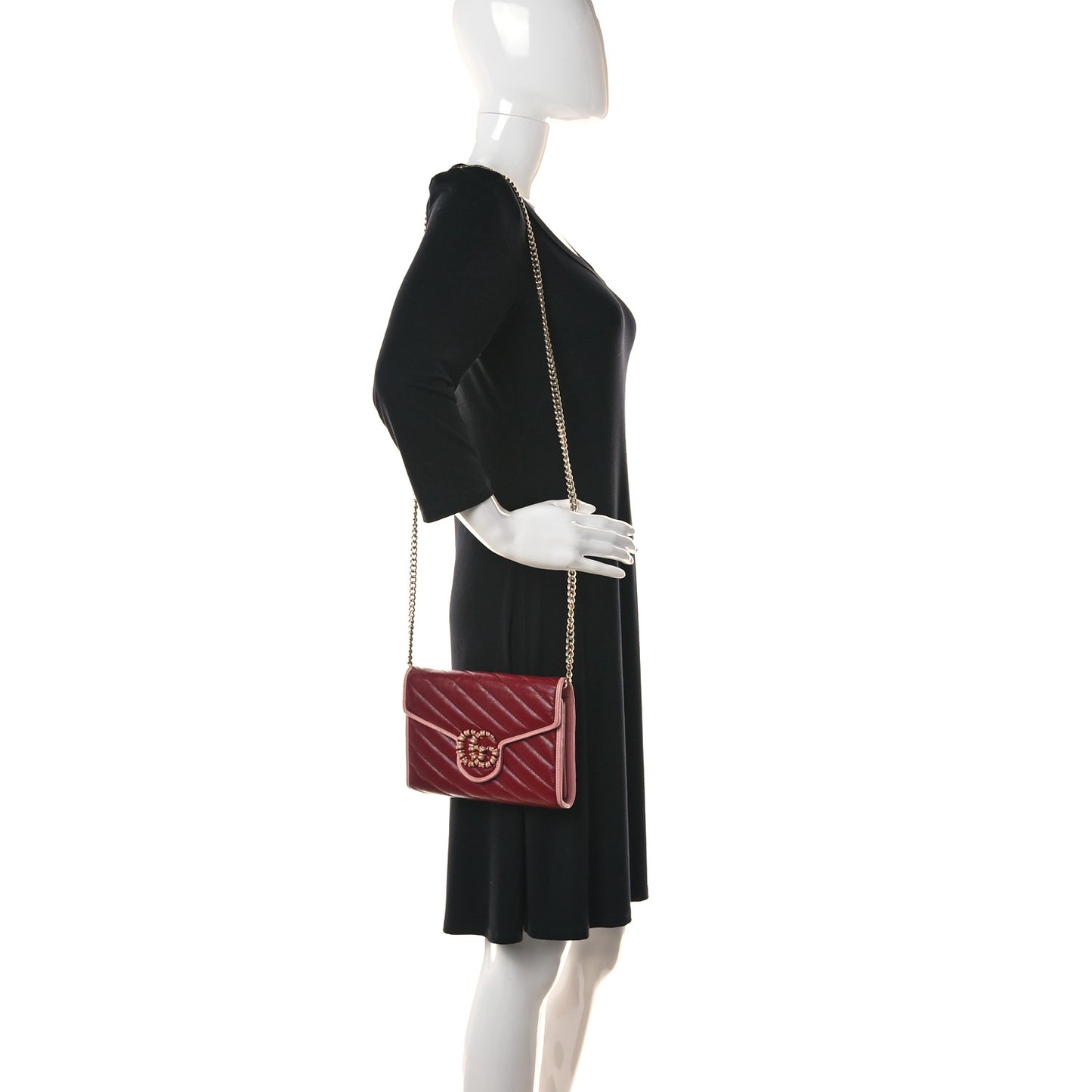 Azalea Calfskin Enamel Matelasse Diagonal Torchon GG Marmont Chain Wallet New Cherry Red Wild Rose