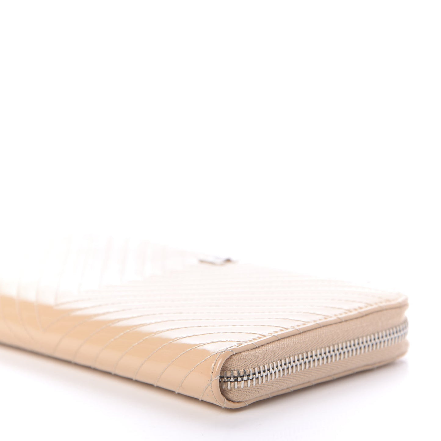 Patent Chevron Quilted Zip Around Wallet Beige