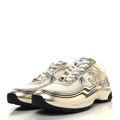 Chanel Fabric Laminated Calfskin Stretch CC Sneakers 39 White Gold Silver 4 of 8