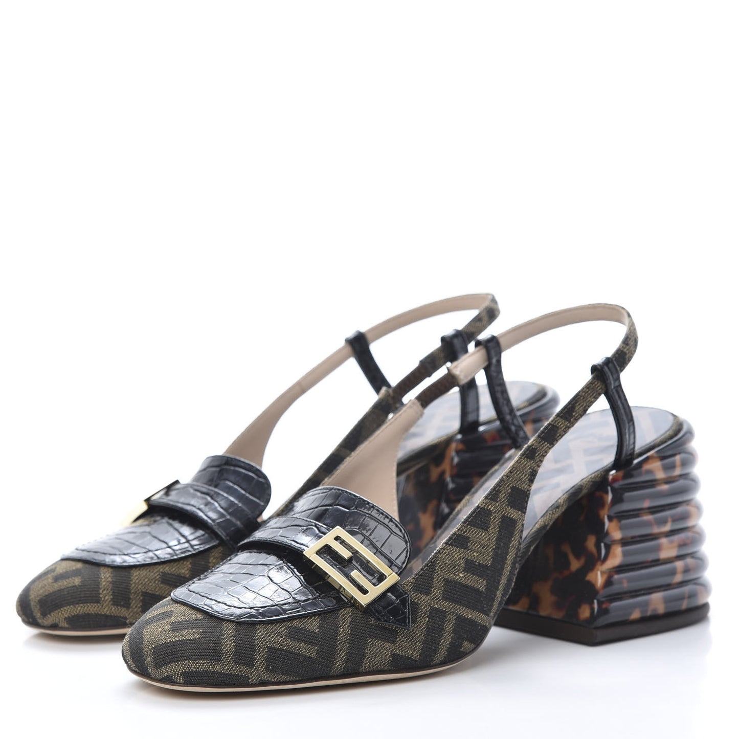 Jacquard Calfskin FF Tortoise Promenade Slingback Loafer Pumps 38.5 Tobacco