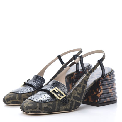 Fendi Jacquard Calfskin FF Tortoise Promenade Slingback Loafer Pumps 38.5 Tobacco 3 of 9