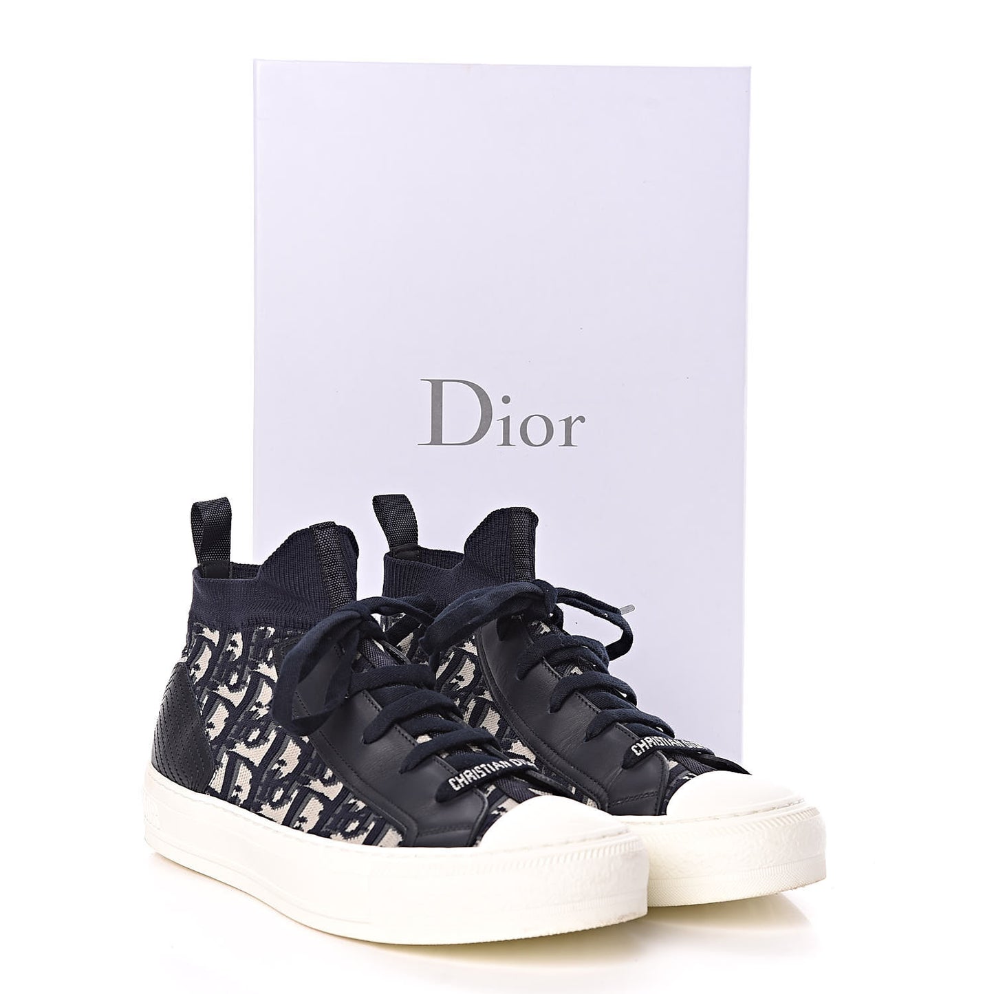 Technical Knit Calfskin Oblique Womens Walk'n Dior Mid Top Sneakers 38 Deep Blue