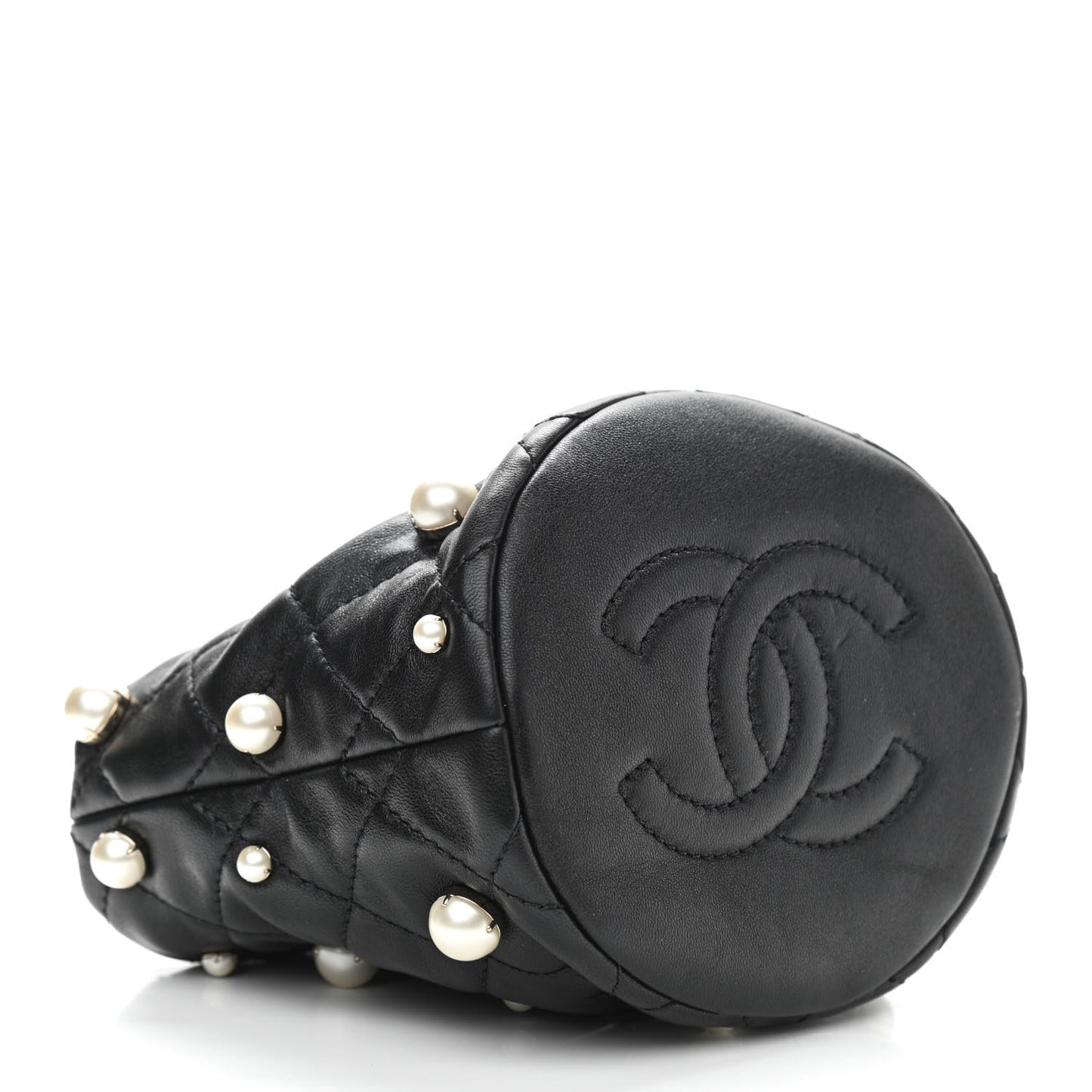 Lambskin Quilted Pearl Mini About Pearls Drawstring Bag Black