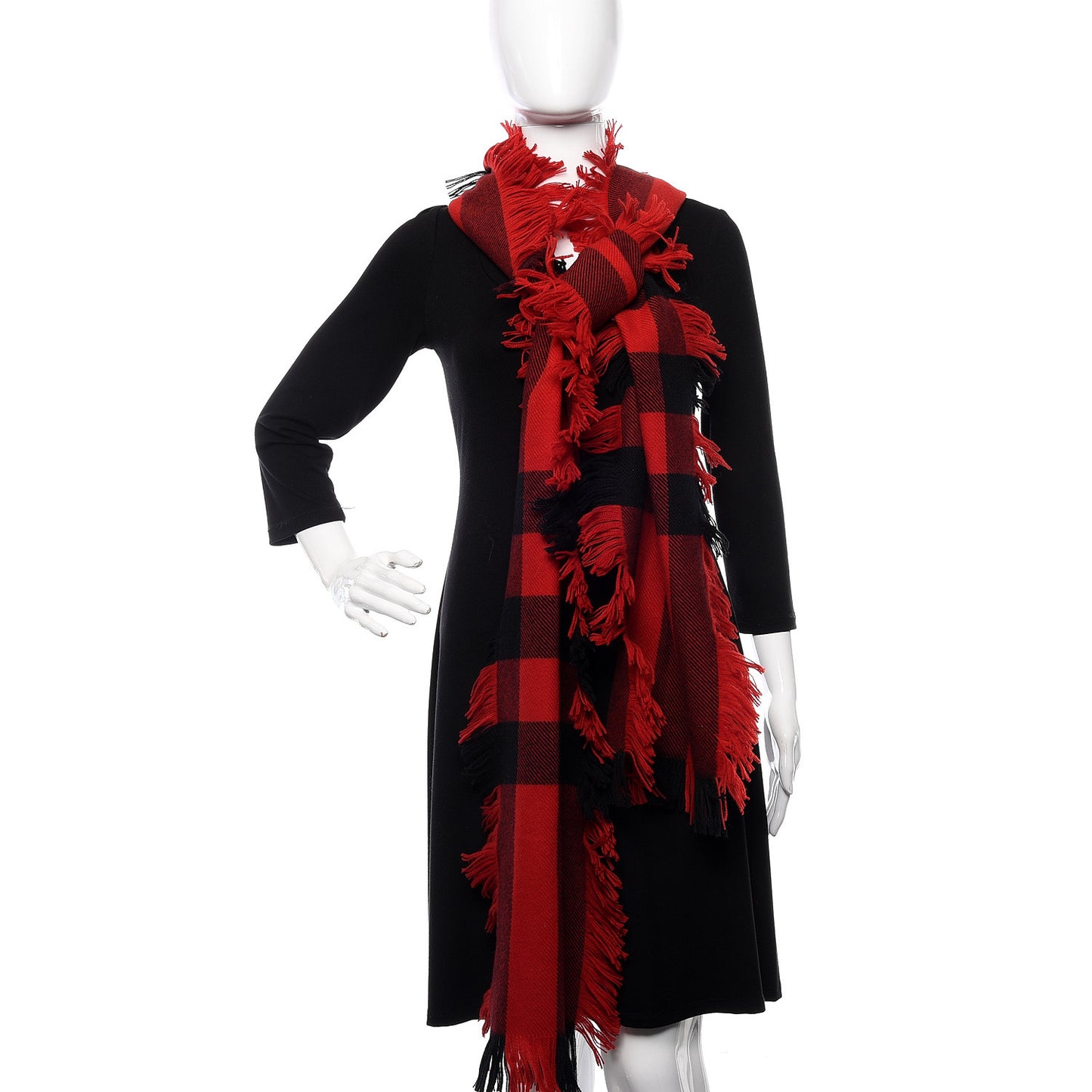 Wool Half Mega Check Fringe Scarf Red