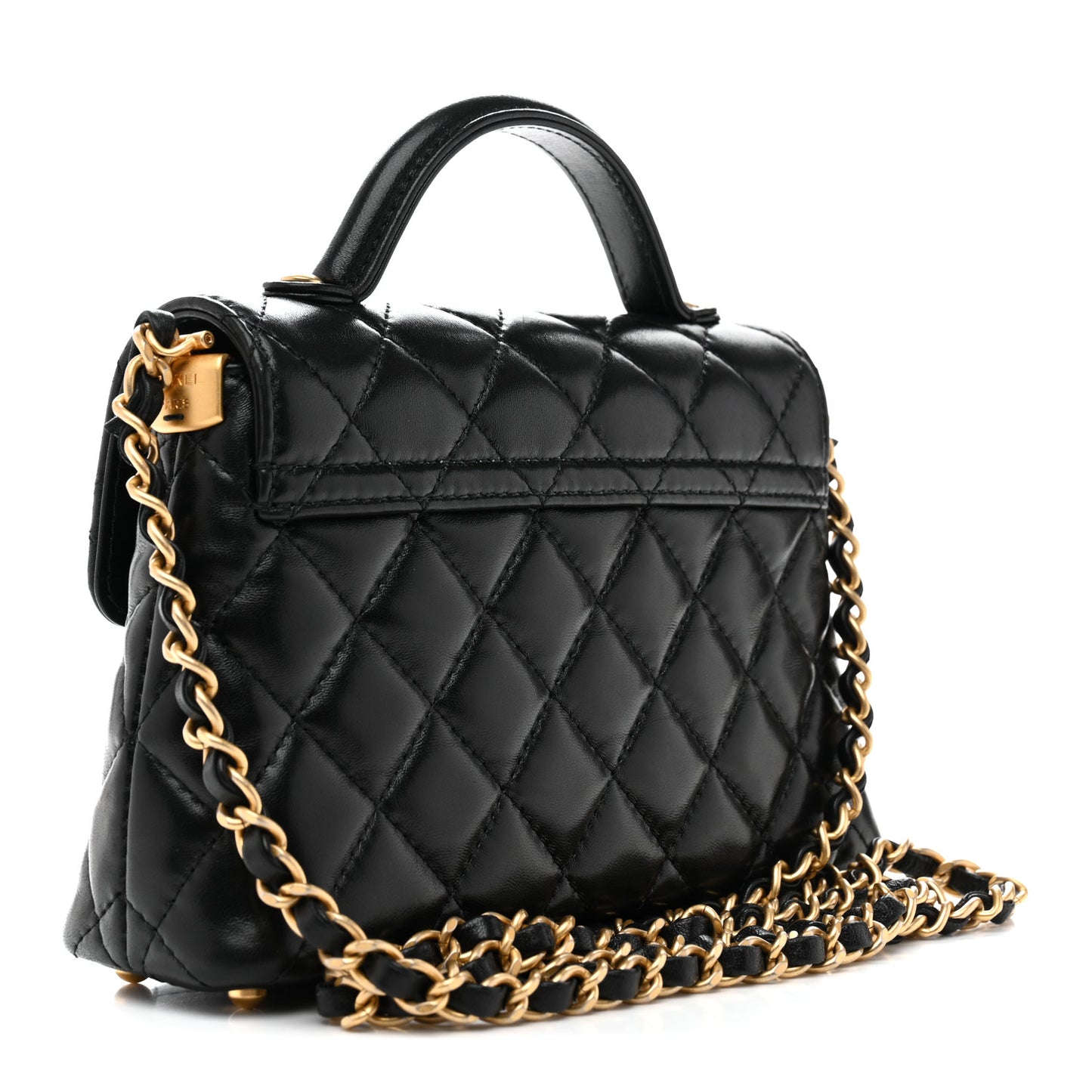 Lambskin Quilted Small Flap Top Handle Bag Black