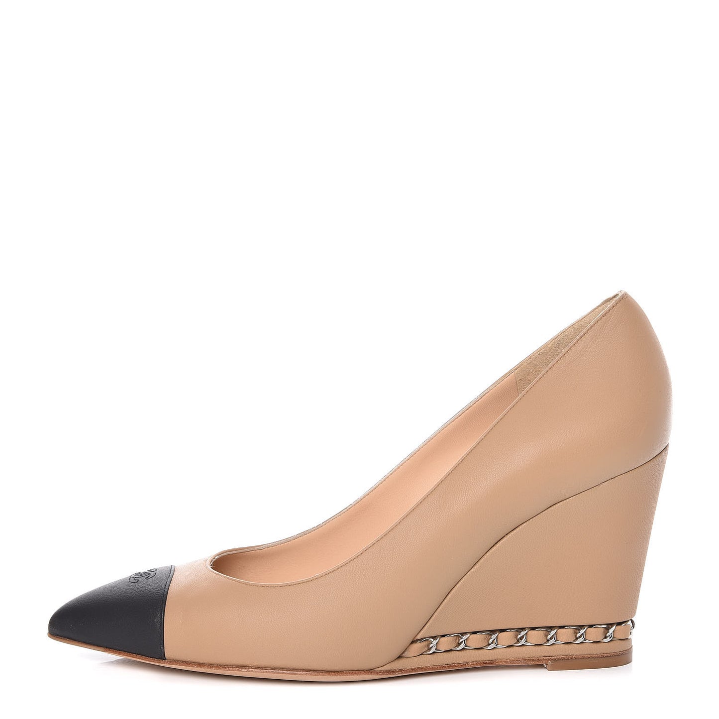 Calfskin Cap Toe Chain Wedge Pumps 39.5 Marron Clair Black
