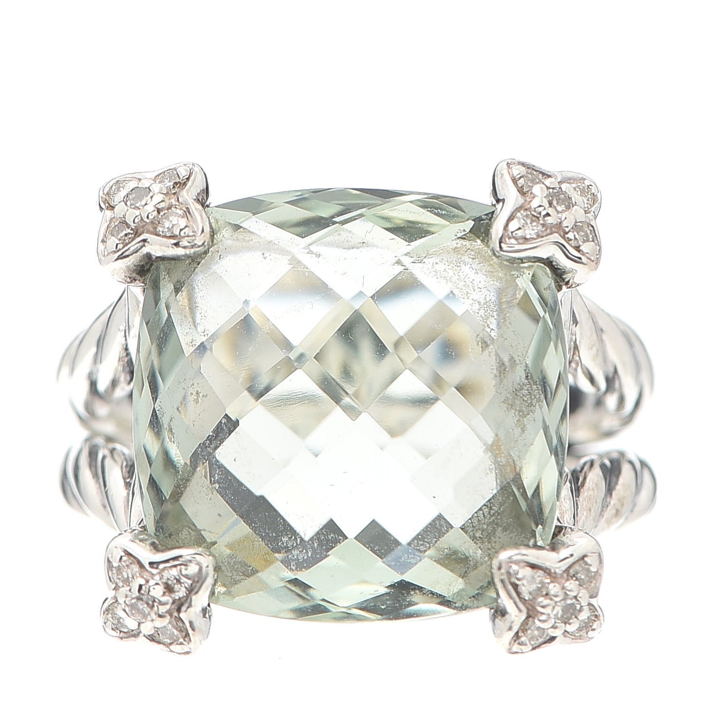 Sterling Silver Diamond Prasiolite 15mm Cushion On Point Ring 54 6.75