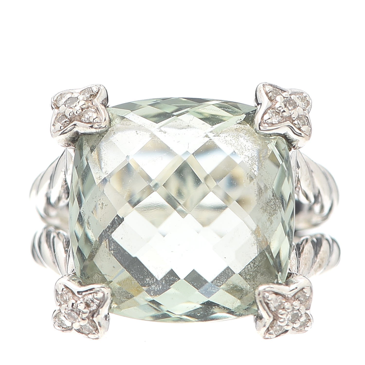 David Yurman Sterling Silver Diamond Prasiolite 15mm Cushion On Point Ring 54 6.75 1 of 5