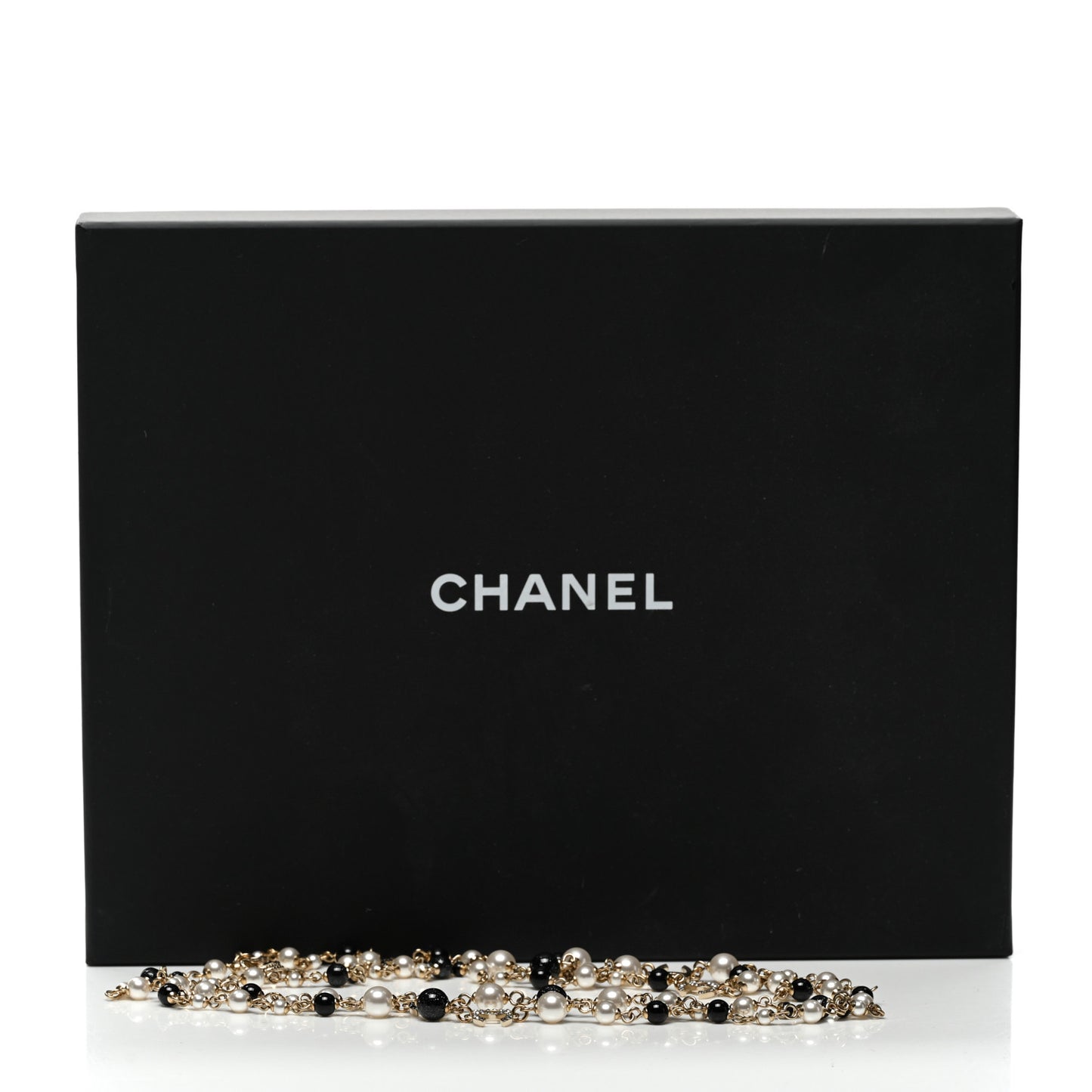 Pearl Bead Crystal CC Long Necklace Black Gold