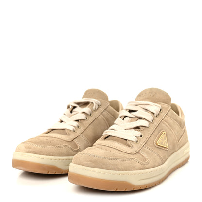 Prada Suede Triangle Womens Downtown Low Top Sneakers 37 Ecru 4 of 9