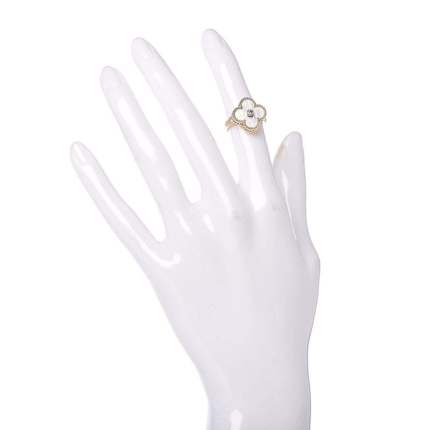 18K Yellow Gold Diamond Mother of Pearl Vintage Alhambra Ring 47 4