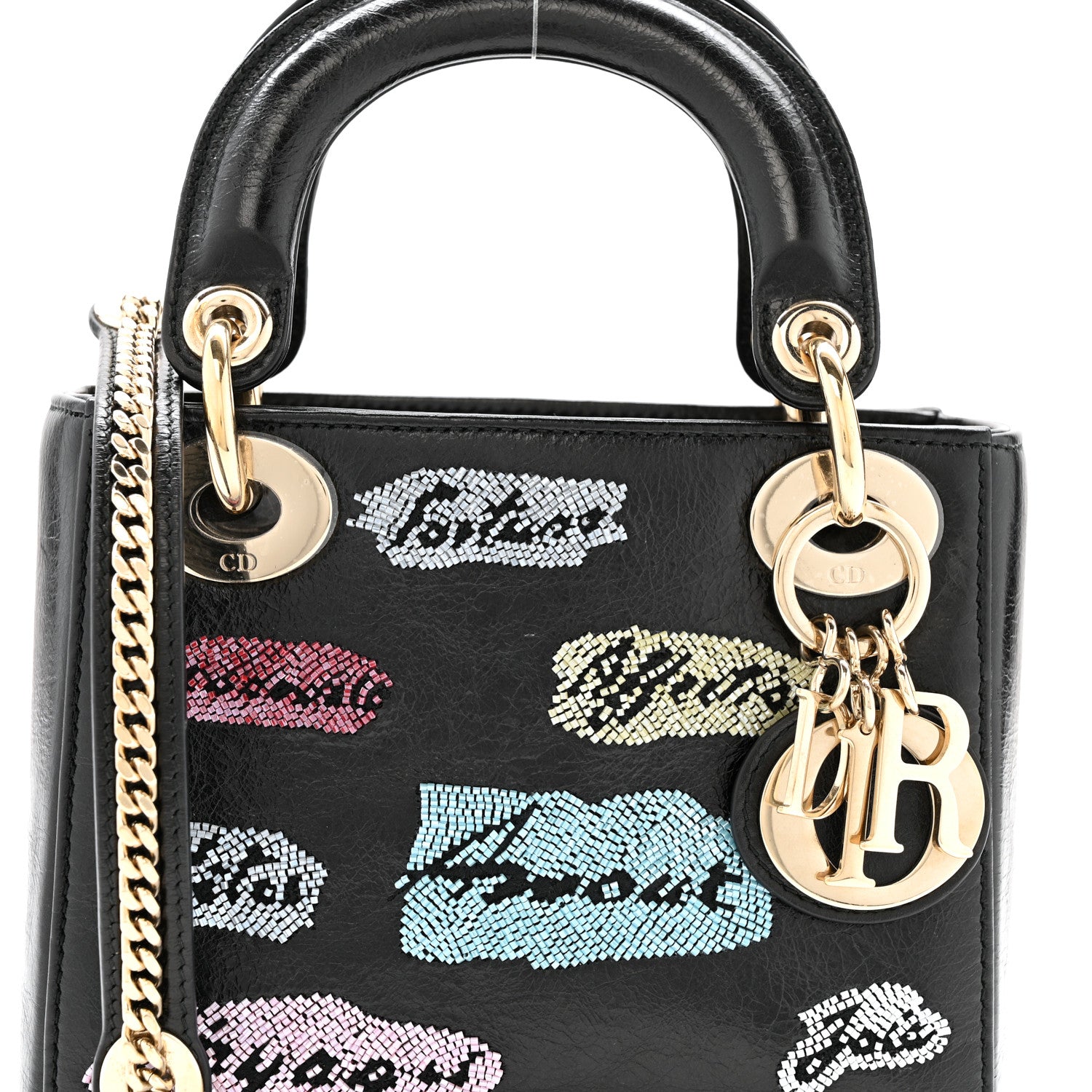 Christian Dior Calfskin Beaded Mini Lady Dior Black 1834764