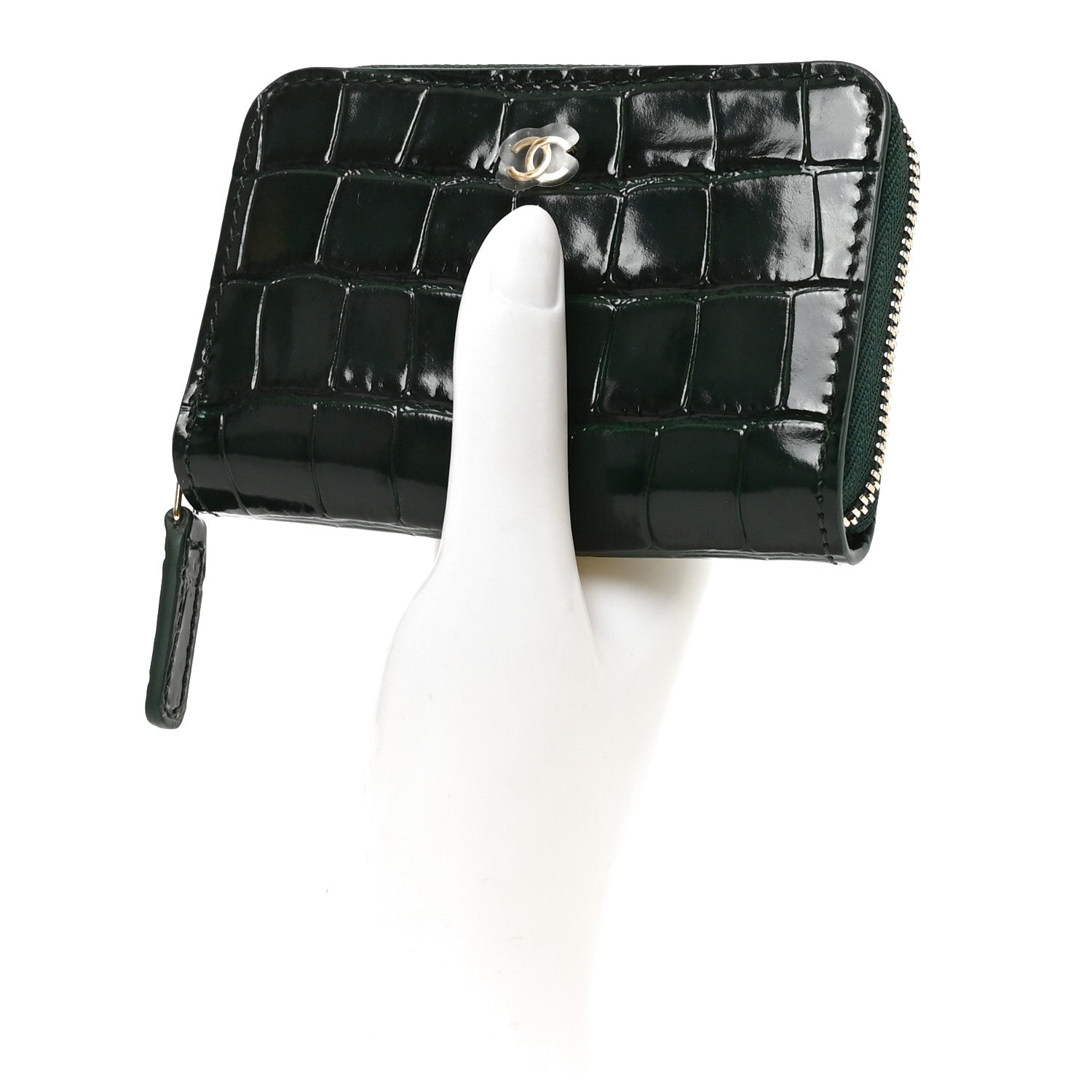 Chanel Calfskin Crocodile Embossed Crococo Zip Coin Purse Emerald 2 of 7