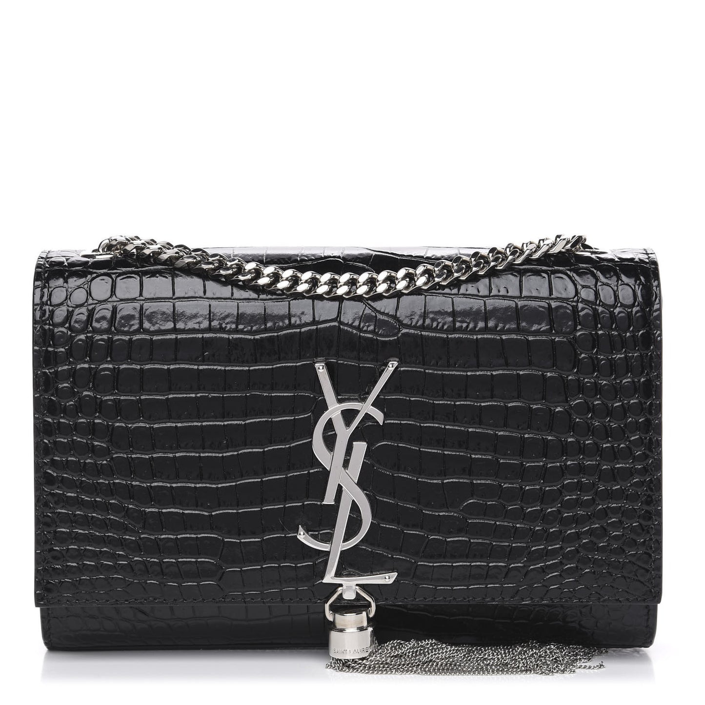 Calfskin Crocodile Embossed Small Classic Monogram Kate Tassel Satchel Black