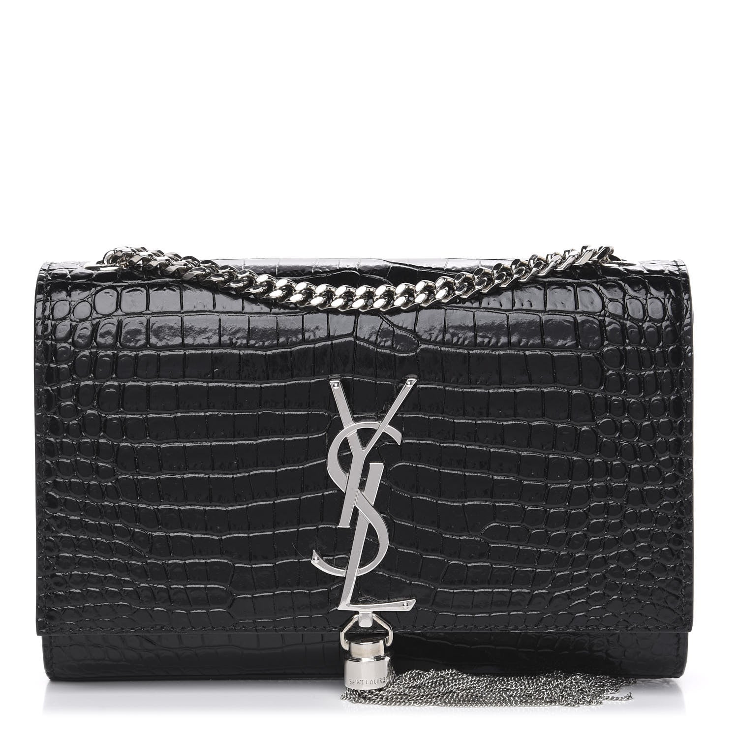 Saint Laurent Calfskin Crocodile Embossed Small Classic Monogram Kate Tassel Satchel Black 1 of 8