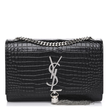Saint Laurent Calfskin Crocodile Embossed Small Classic Monogram Kate Tassel Satchel Black 1 of 8